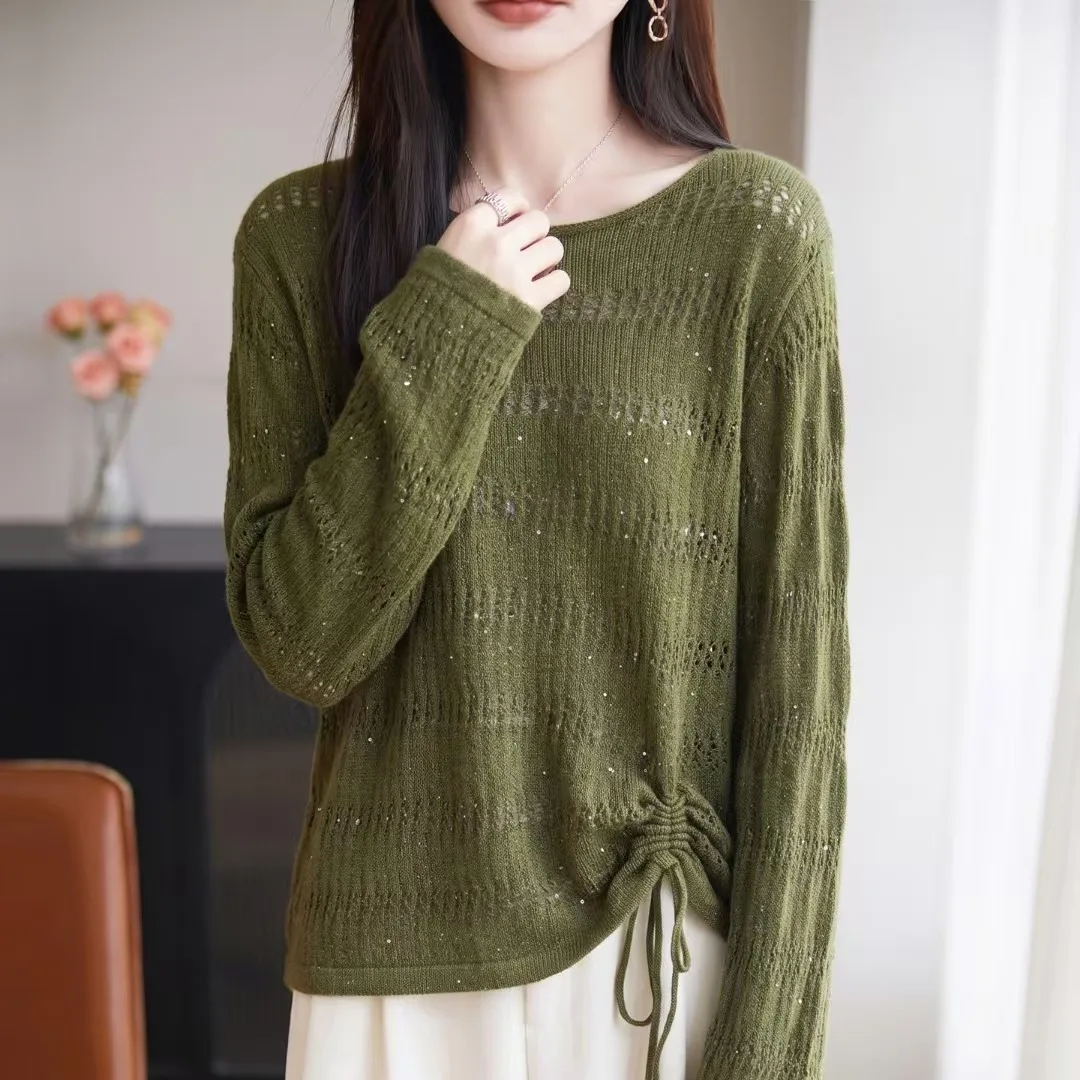 Drawstring hollow long sleeve sweater round neck sequins lazy wind sweater top