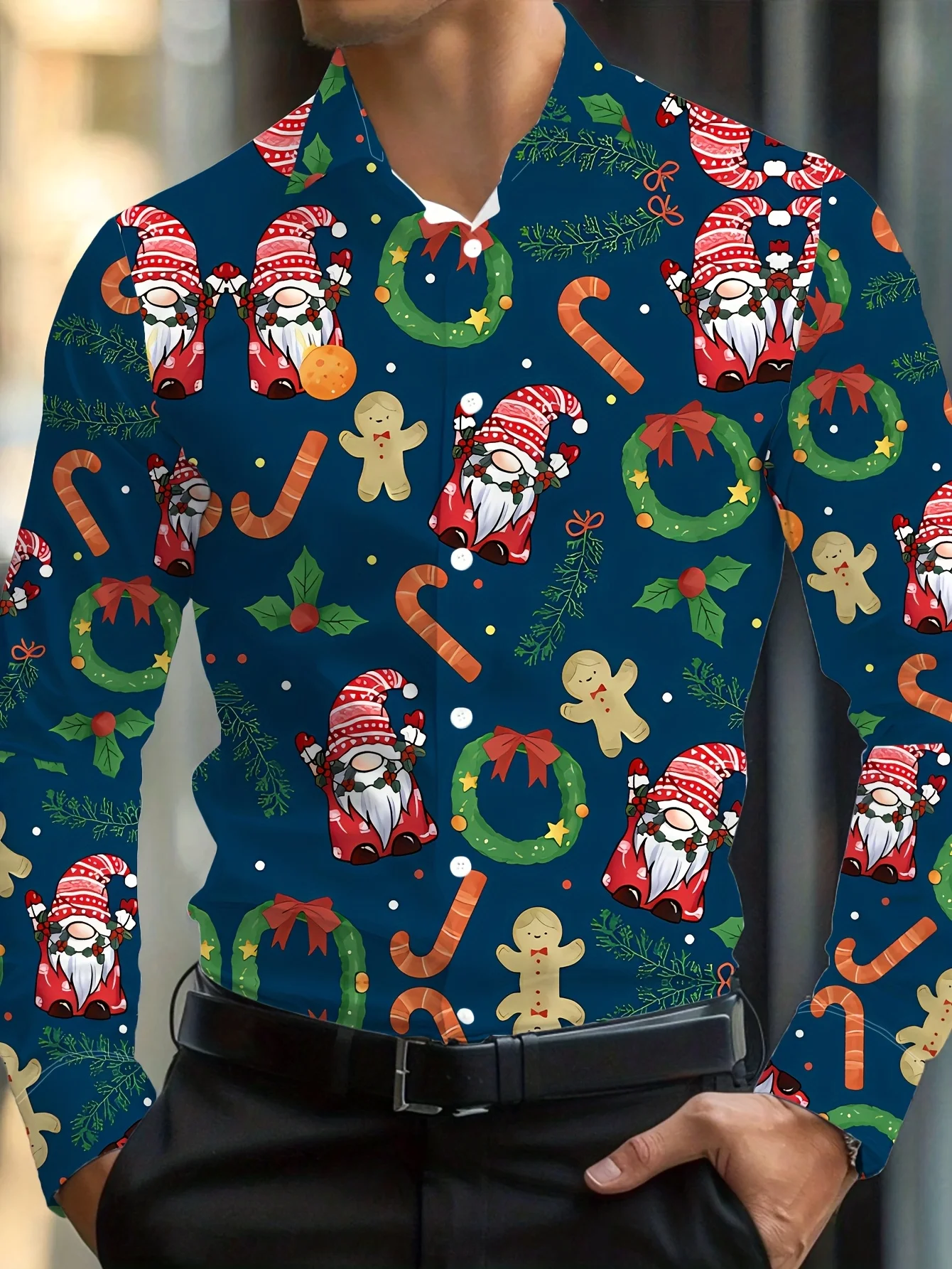 2025 قميص رجالي مطبوع عليه عصا الحلوى والزنجبيل سانتا بالكامل Btn-الجبهة غسالة قابلة للتنفس لقضاء العطلات والزفاف ​ ​