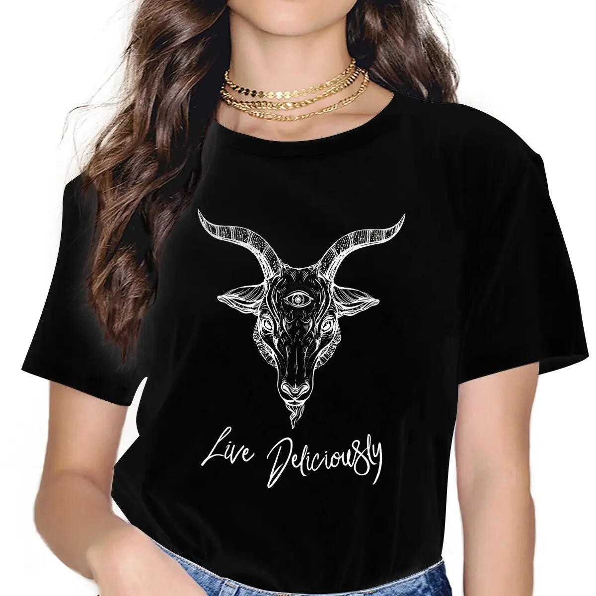 Funny The Goat Live Deliciously T-Shirt for Women Crewneck T Shirt Satanic Baphomet Goat Short Sleeve Tee Shirt Clothing