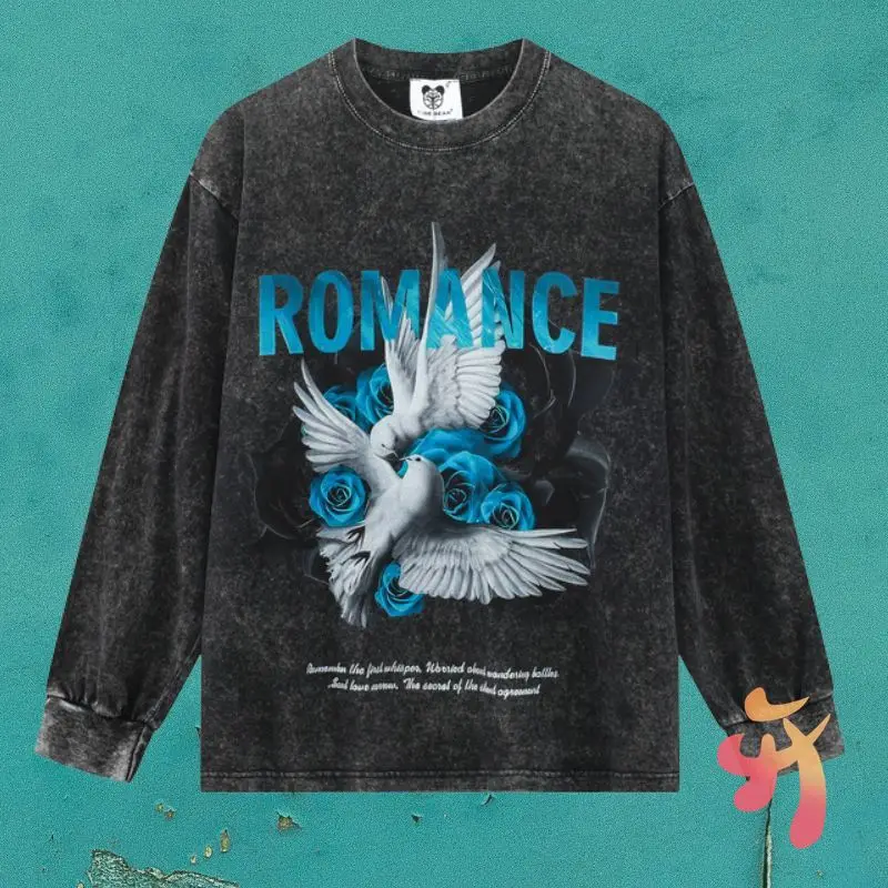 

Vinatge Street Blue Rose Peace Dove Print Black Washed Old Round Neck Long Sleeve Tshirt Casual 2XL Men Women Kanye Sweatshirt