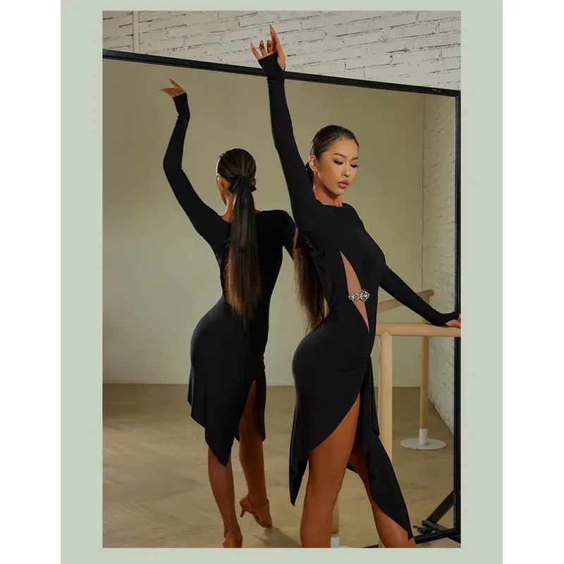 Vestido de dança latina vestido latino preto tango vestido rumba chacha franja vestidos latinos mulher volta cortar
