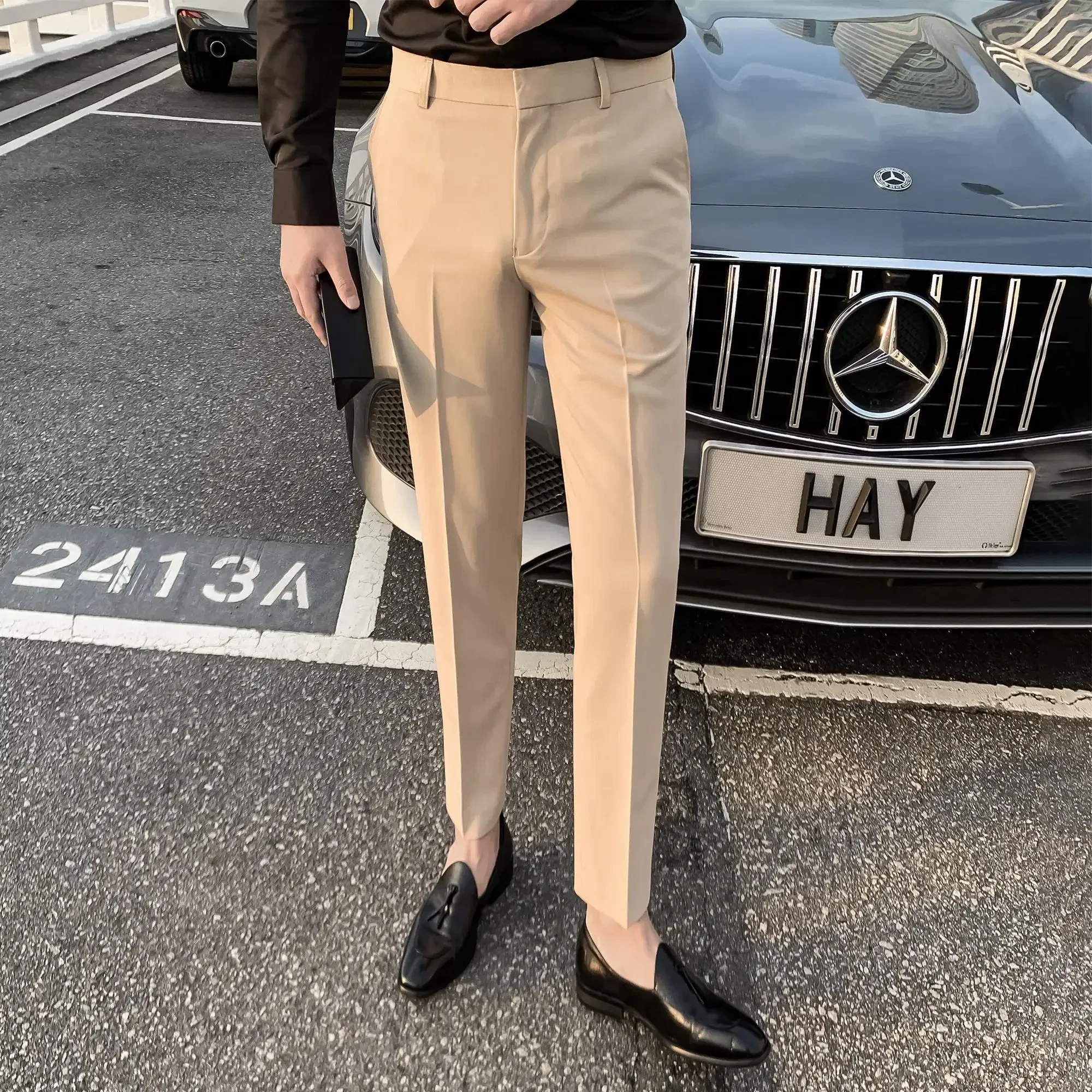 Tressed Male Suit Trousers White Slim Fit Men\'s Summer Pants Straight 2024 Spandex Formal Work Wear New in Fabric Elegant Luxury