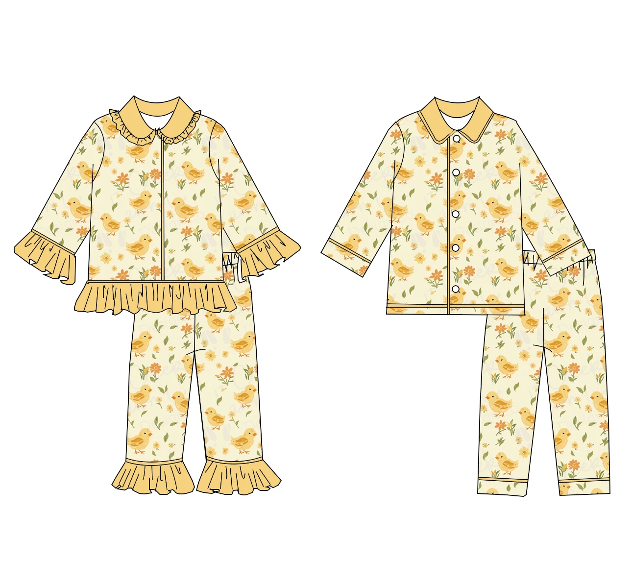 Easter Pajamas Set for Girls Boys - Long Sleeve Duck Egg Rabbit Print Pants 2-Piece Boutique Children's Clothing Set
