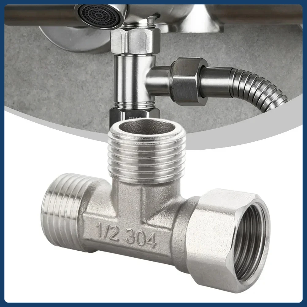 Válvula desviadora de vaso sanitário 304, adaptador t de aço inoxidável g1/2 ", válvula t prateada, uso durável para pulverizador de bidê de vaso sanitário, água de três vias, 1 peça