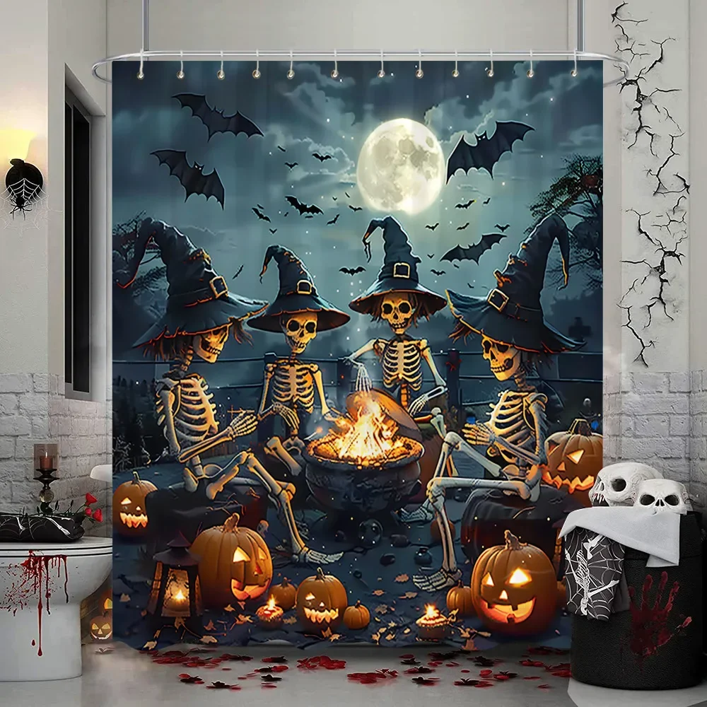 Halloween Shower Curtain Gothic Skull Skull Bat Funny Cute Halloween Bath Curtains Scary Spooky Horror Bathroom Decor With Hooks
