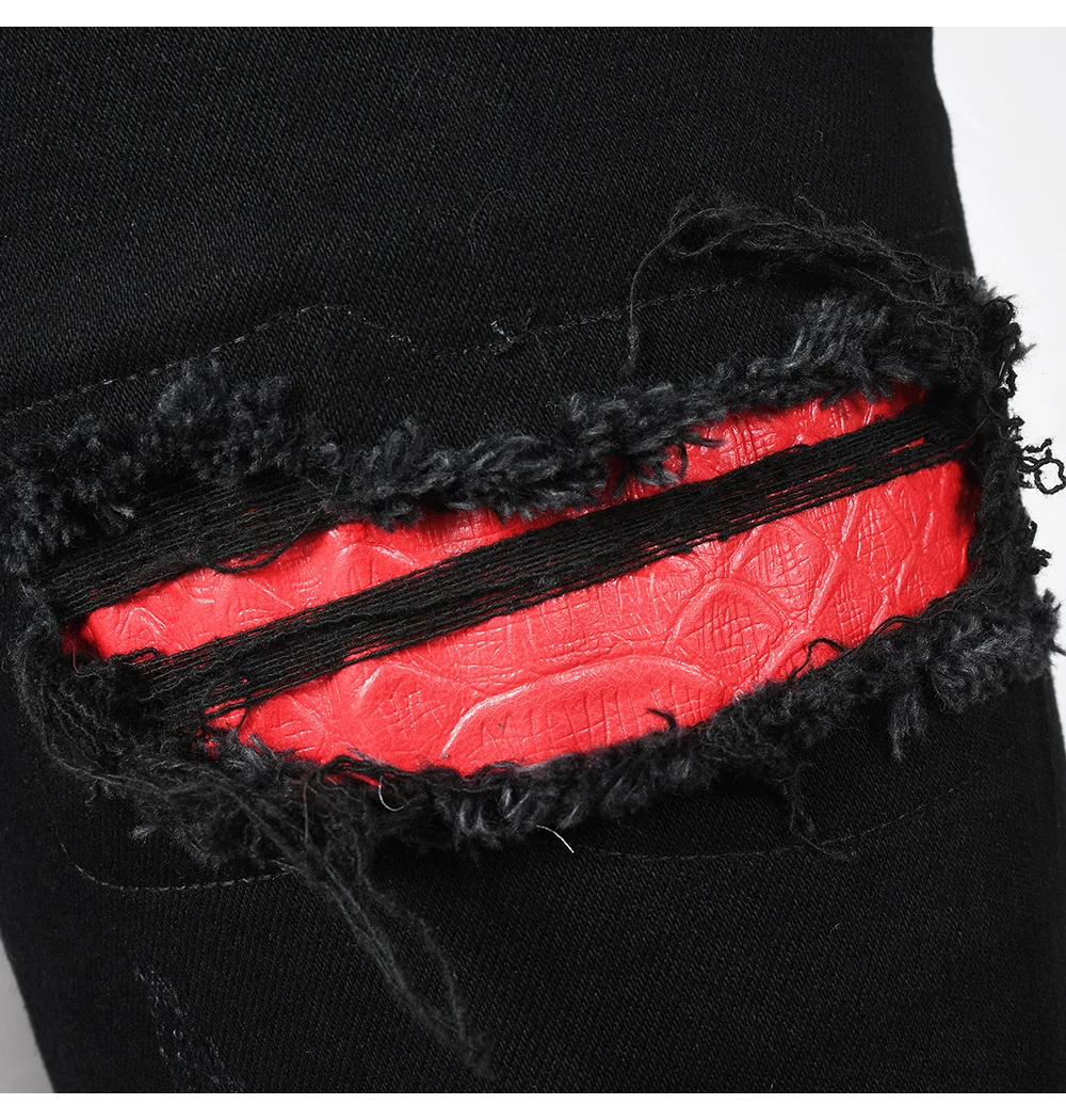 Herren Jeanshose aus Stretch-Denim mit schwarzer Schlangenstickerei, schmal geschnitten, konisch zulaufend, Bleistifthose mit Schlangenleder-Patch – Detail 10