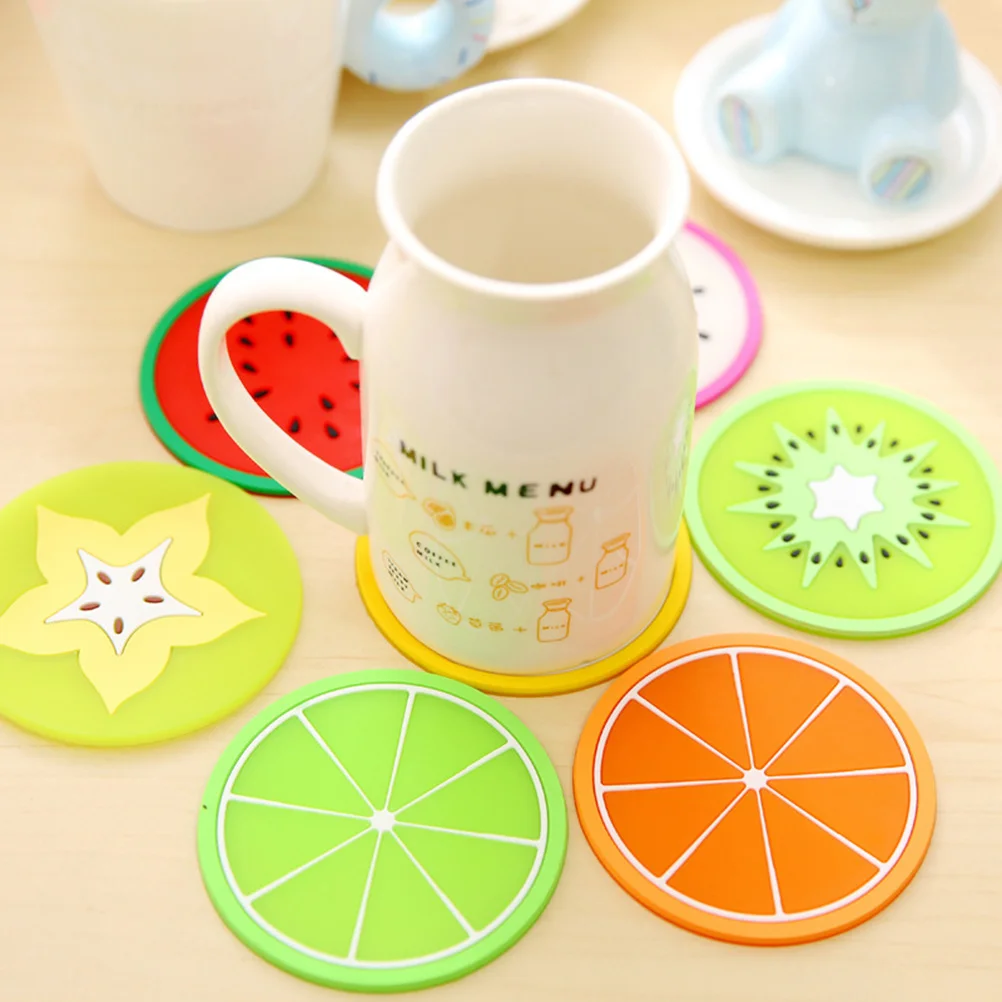 

7Pcs Heat Resistant Silicone Coasters Non Slip Round Fruit Design Cup Holder Pad for Mug Bottle Coffee Tea Use