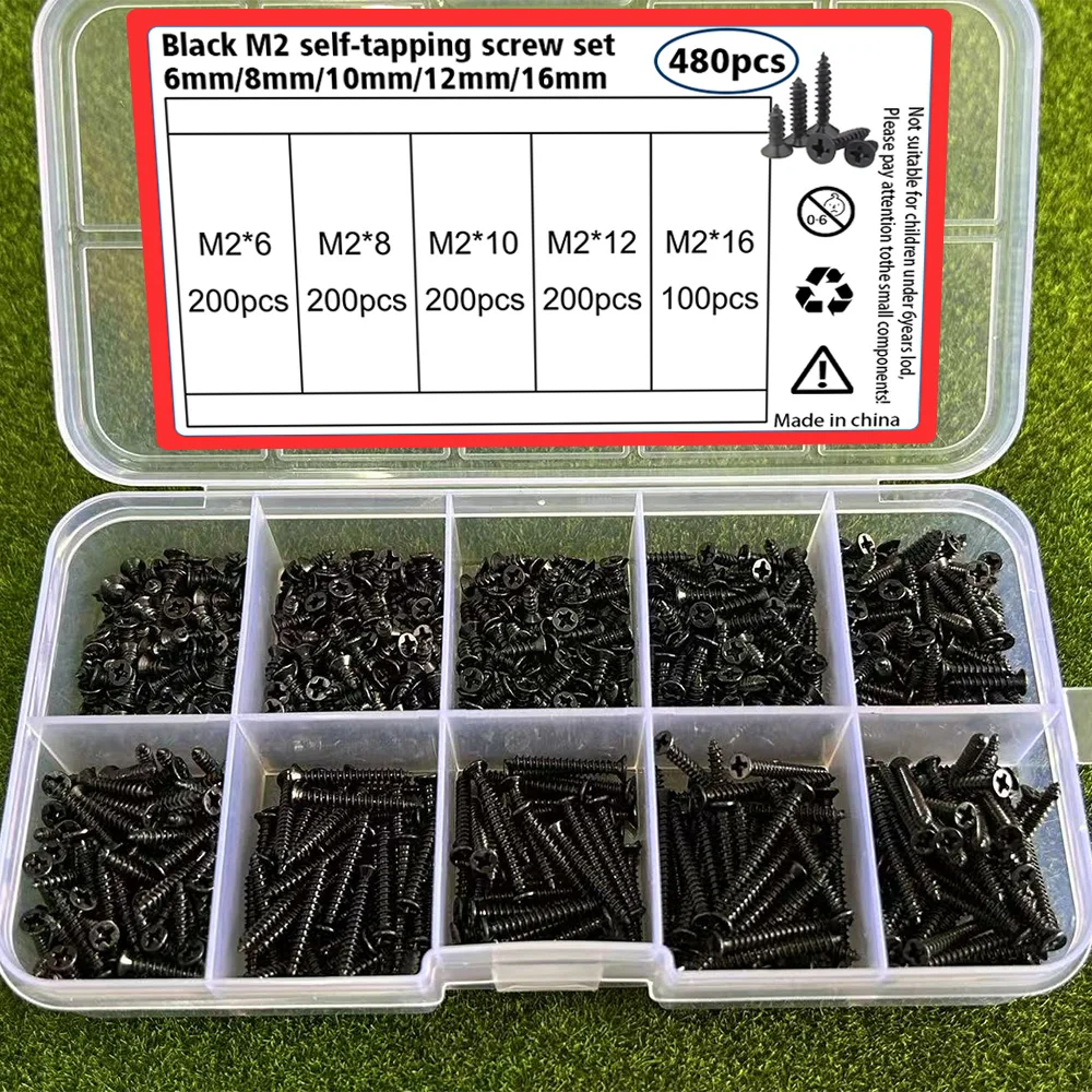 Set di viti autofilettanti nere M2 da 900 pezzi, lunghezze 6 mm, 8 mm, 10 mm, 12 mm, 16 mm, per il fissaggio di viti per legno e viti per metallo.