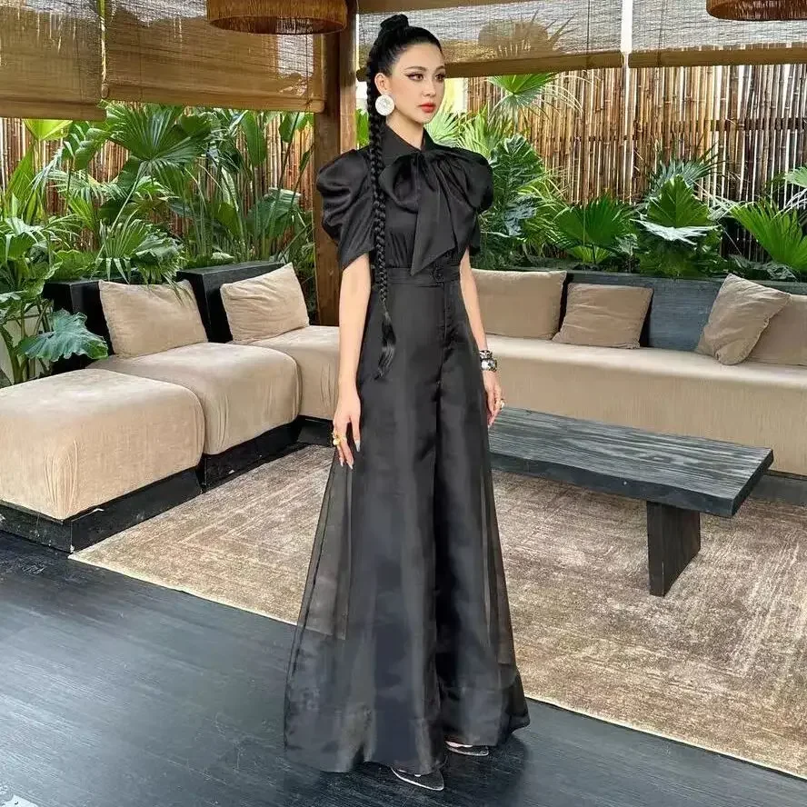 새로운 패션 오간자 와이드 레그 팔라초 팬츠 여성 우아한 여름 하이웨이스트 솔리드 컬러 오피스룩 바지 의류