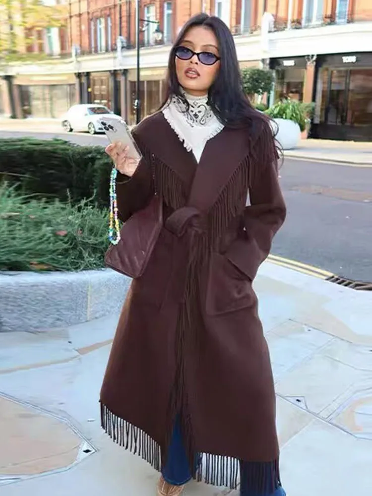 

HH Women Fashion Retro Versatile Tassel Woolen Coat Female Elegant High Street Casual Belted Pockets Long-Sleeved Jacket Mujer
