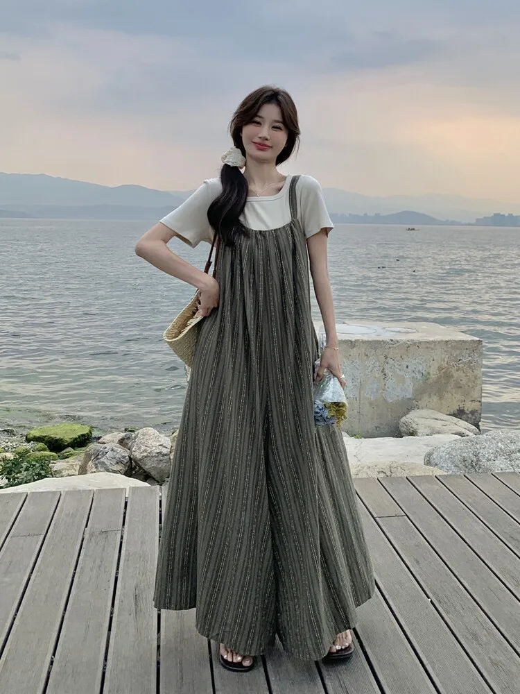 

Комплект из широких брюк и топа в гонконгском стиле для женщин, лето 2024, новинка, с бретелями, больших размеров, утягивающий, модный комплект