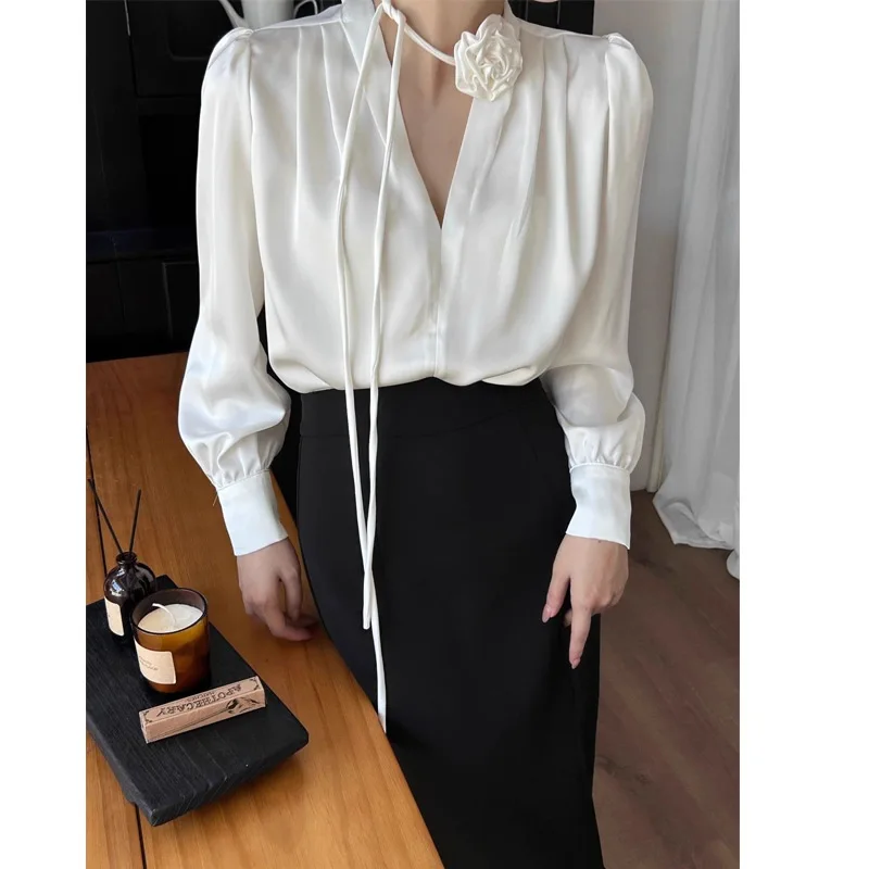 Women Clothing Elegant V Neck Blouse Long Sleeve Solid Color Loose Temperament Shirt Tops Fashion Vintage Spring Autumn New