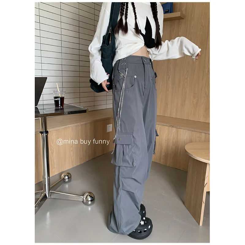 Cinza mulheres carga calças de cintura alta 2022 verão vintage calças retas streetwear harajuku baggy casual drawstring cargo calças