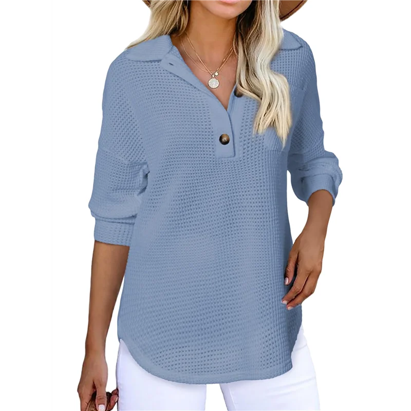 

Женские вафельные вязаные топы, рубашки на пуговицах с длинным рукавом и v-образным вырезом, однотонная повседневная туника-A55G