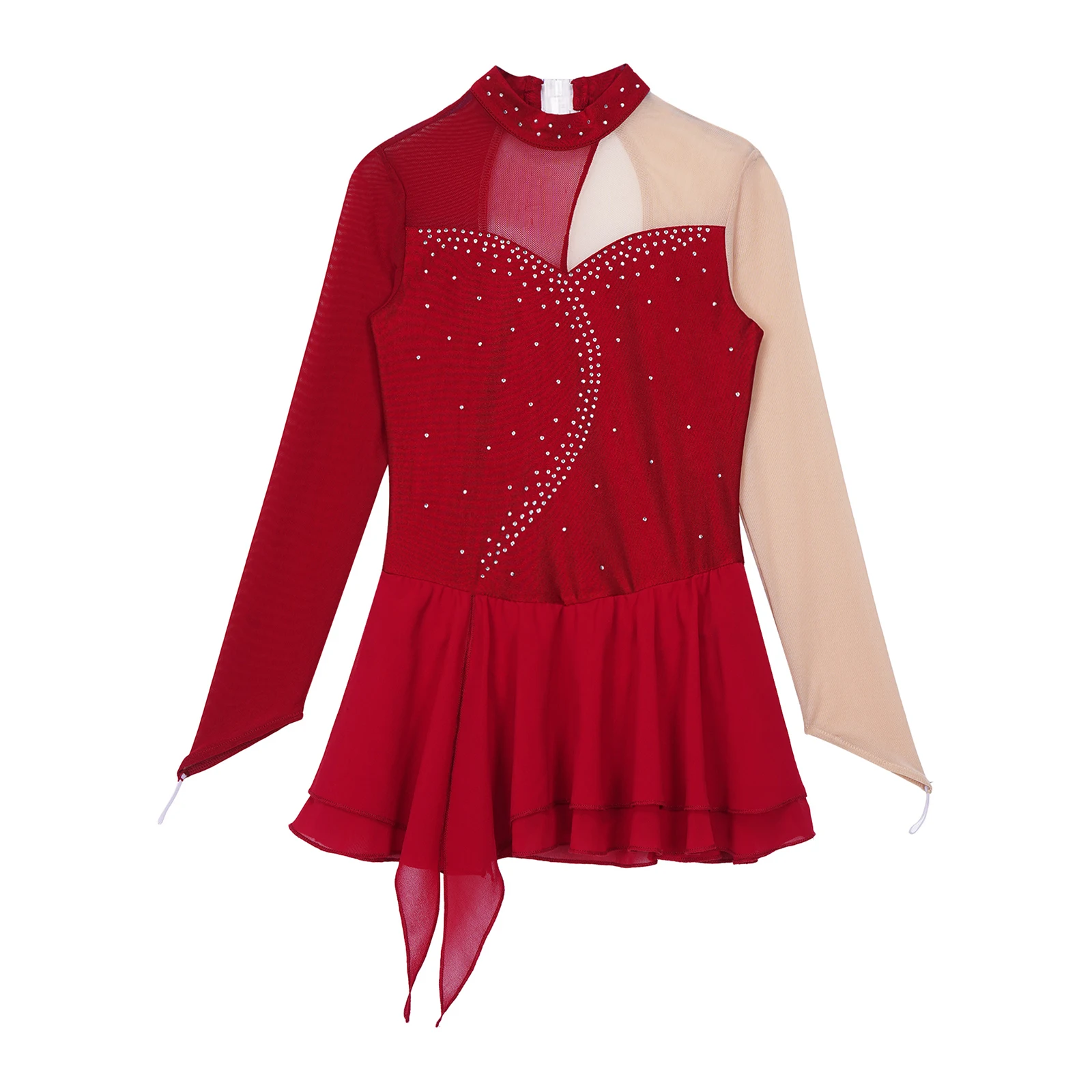 Girls Gymnastics Ballet Lyrical Dance Dress Long Sleeve Round Collar Hollow Back Rhinestone Figure Ice Skating Leotards Dress