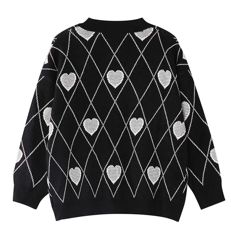 2023 Fall Oversized Cardigan Women Fashion V Neck Black Sweater Heart Jacquard Loose Single Breasted Winter Clothes Office Lady