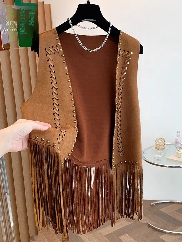 

Western Cowboy Sle Heavy Du Leather Fringe Vest Women's Autumn Faion Retro Suede Outerwear Cardigan Top Trendy