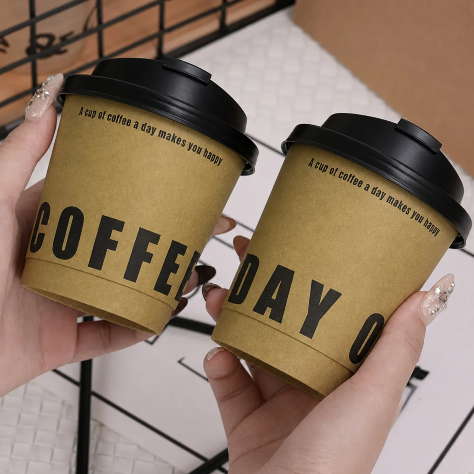 Disposable coffee cup Customized milk tea double-layer hollow cup Commercial thickened inner and outer double kraft paper hot
