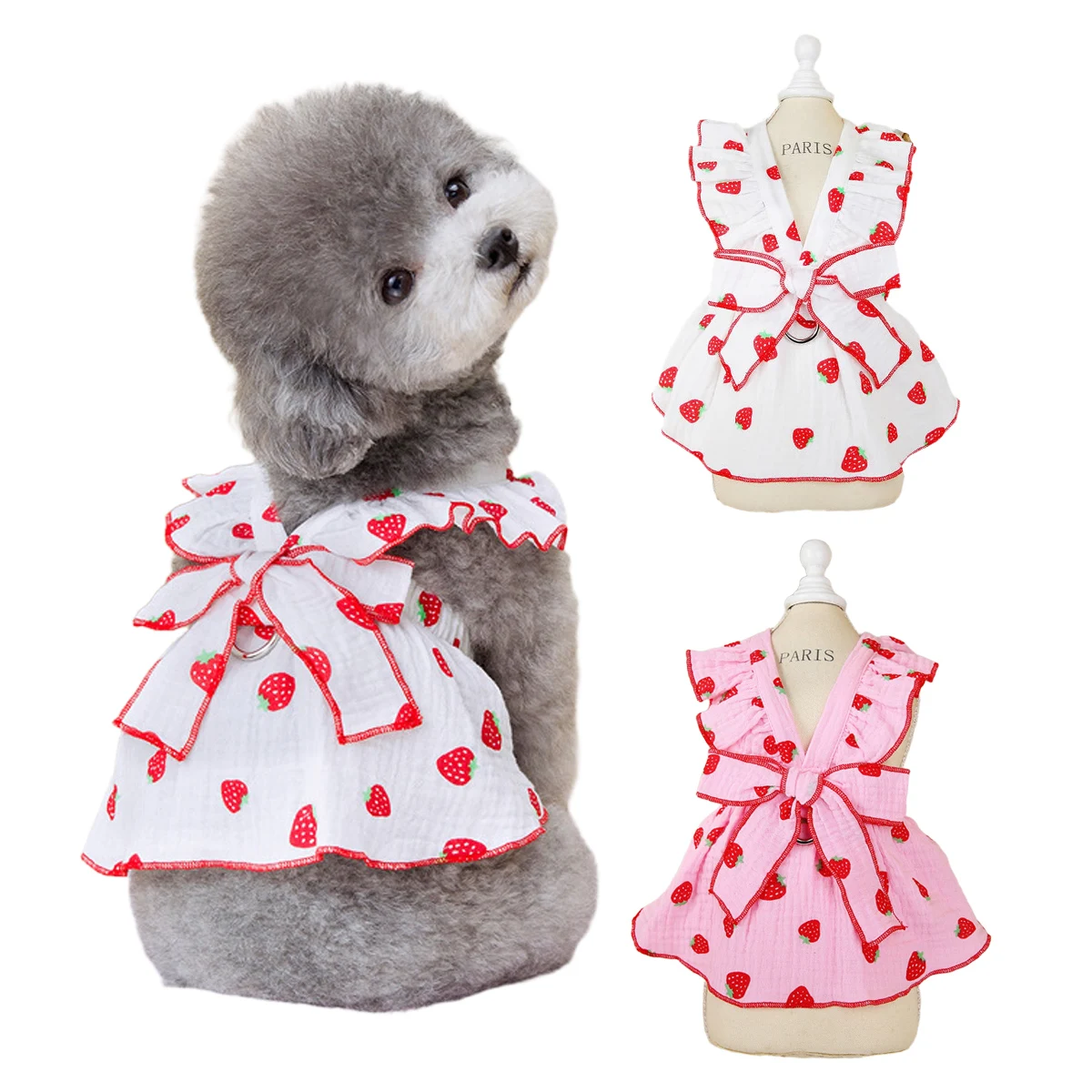 

Strawberry Pattern Dog Summer Clothes Bowknot Sling Skirt Flying Sleeve Puppy Dress For Small Medium Dogs Dachshund Chihuahua