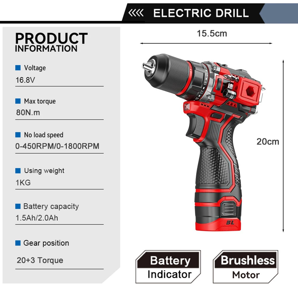 Imagem -03 - Furadeira Elétrica de Impacto sem Escova Chave de Fenda sem Fio Bateria Recarregável Furadeira Manual de Velocidades Ferramentas Elétricas a Martelo 16.8v 38