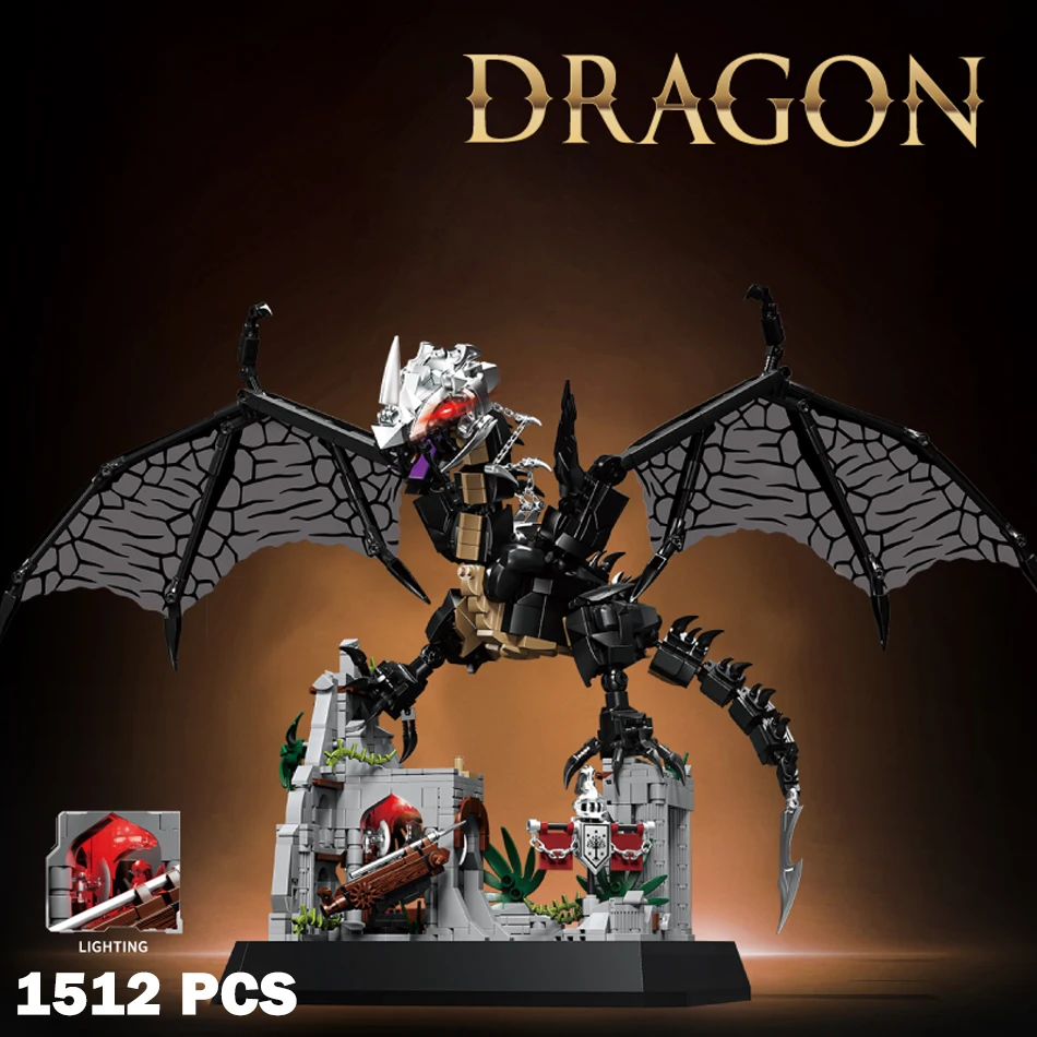 

MOC Evil Dragon Beast Castle Ruins Scene Building Blocks Magic Animal Rings Dragon with Soft Wings Bricks Toys Kids Adults Gifts