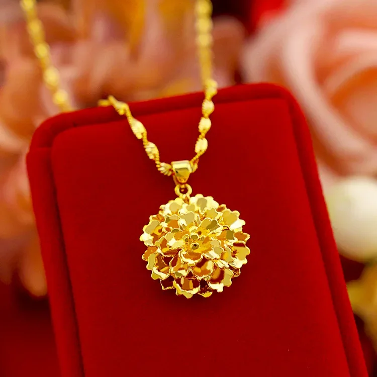 

9999 Real Gold 24K Women's Flower Pendant Fashion Multi-layer Flower Pendant Necklace