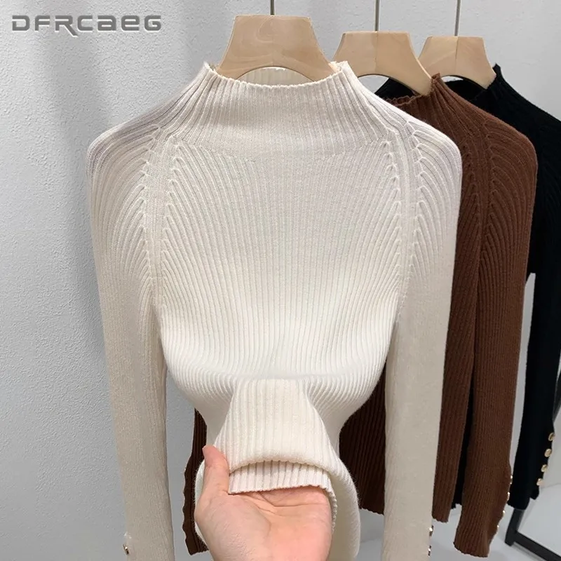 

Korean Style Stretch Knitted Top For Women Autumn Winter Long Sleeve Soft Bottoming Sweater Clothes With Button