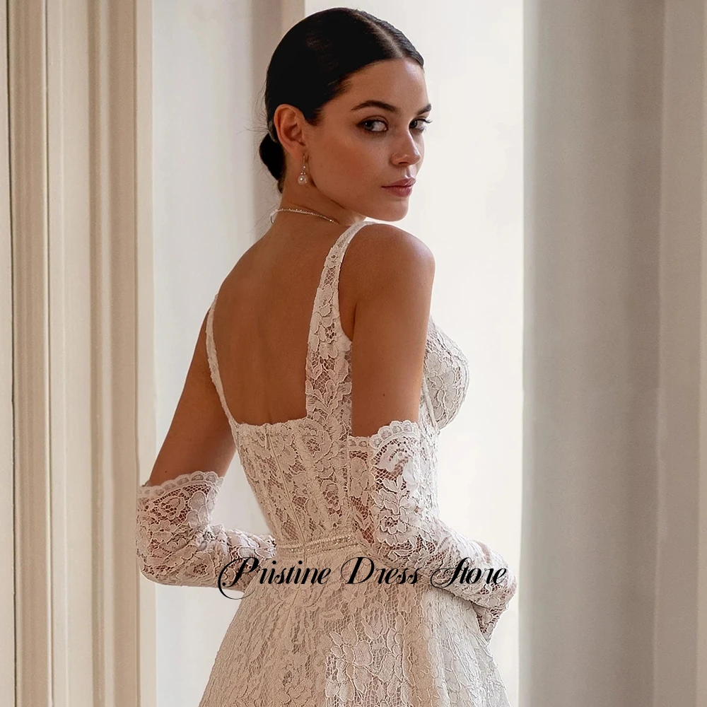 Bohemian Lace A-Line Wedding Dress Women Sweetheart Detachable Sleeves Bridal Gowns with Sweep Train Zipper Back Customized