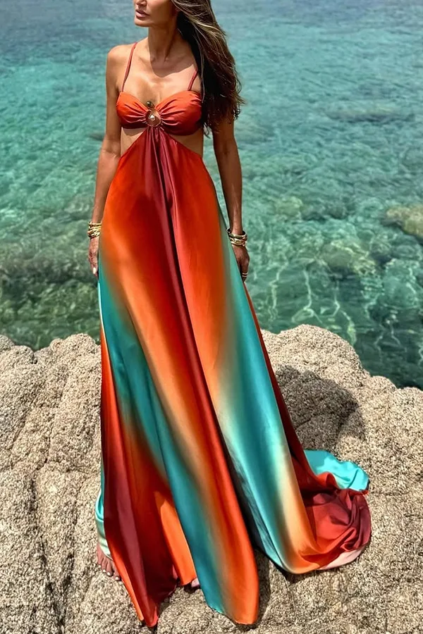 

Gradient Color Spaghetti Strap Dress Women Sexy V-neck Metal Ring Hollow Out Long Dresses Beach Vacation Style Vestidos New
