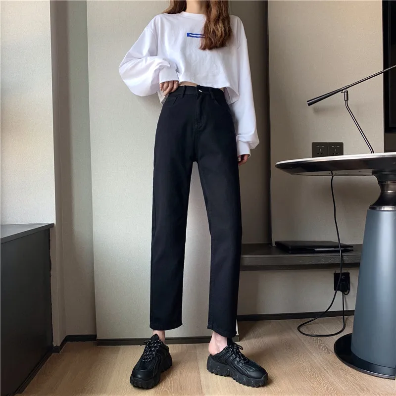 Thiened Fce Bla jean femme automne hiver ample taille haute jambe droite pantalon grande taille résistant à l'usure longue fermeture éclair