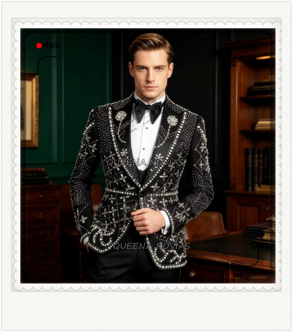 Luxury Jewelry Stones Suits Men 2 PIeces Sets Single Breasted Groom Prom Blazers Customized Wedding Tuxedos Male Fashion Outfit