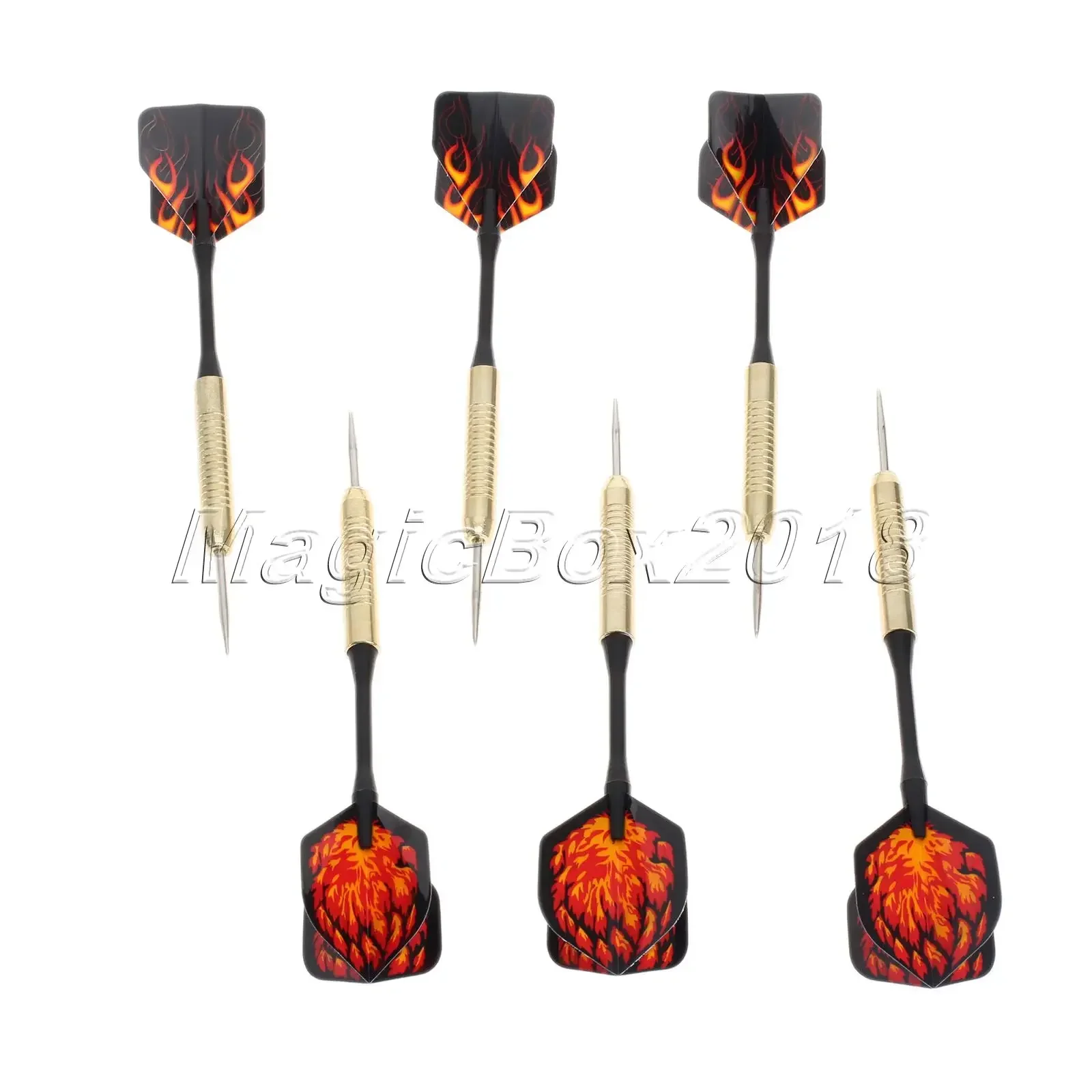 6 Pcs (2 Sets) Steel Needle Tip Iron Plated Copper Darts With Thread & Plastic Dart Shafts & Nice Fire Pattern Flights 18g Darts