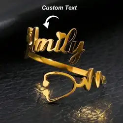 Custom Stethoscope Heart Name Rings For Women Gold Color Stainless Steel Stethoscope Name Ring Christmas Jewelry Gift For Nurse