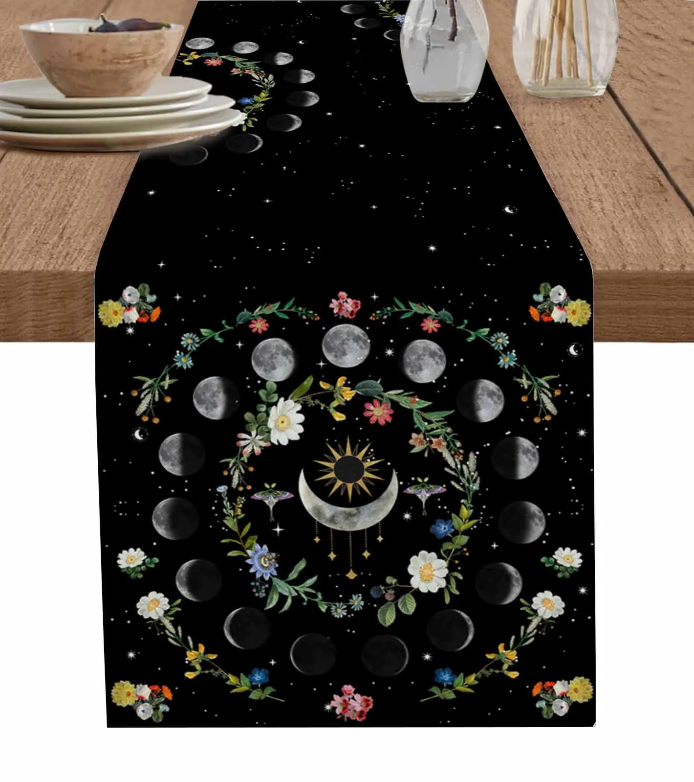 Lunar Flowers Plants Retro Stars Black Table Runner Cotton Linen Wedding Table Decor Tablecloth Kitchen Decor Table Runner