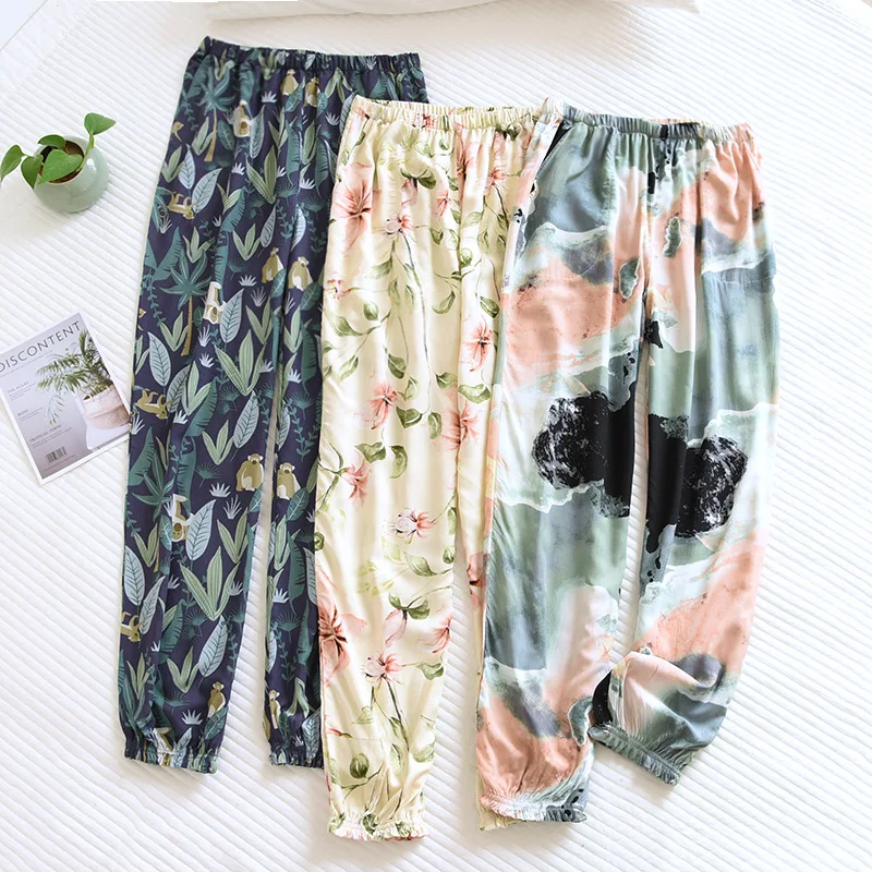 Summer Thin Anti Mosquito Pants Elastic Waist Viscose Sleep Bottoms Women Pajamas Casual and Loose Pants Print Sleeping Clothes