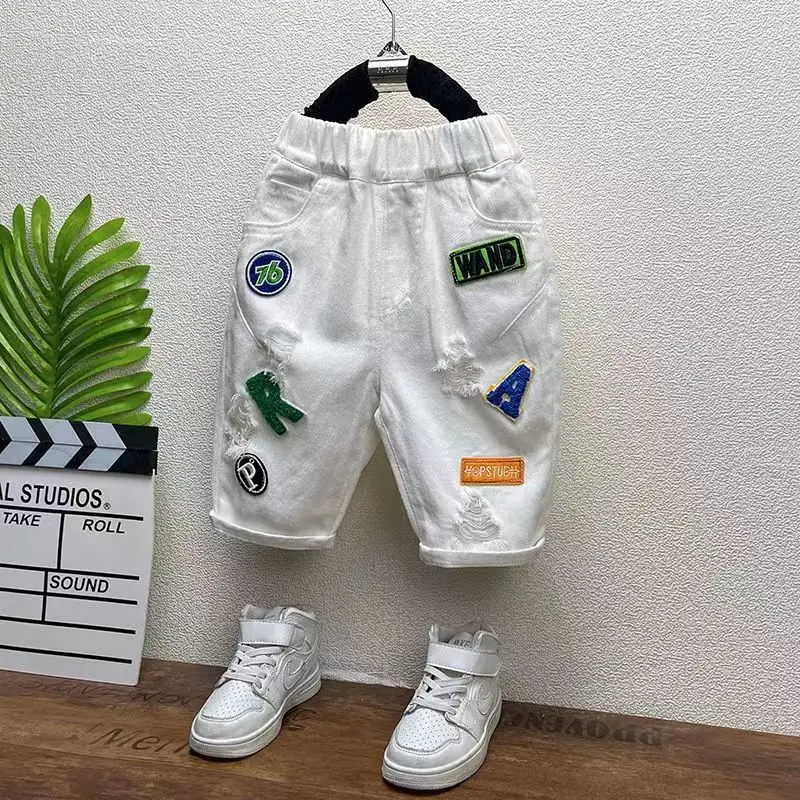 

Летние перфорированные шорты для мальчиков, маленькие и средние детские тонкие повседневные брюки среднего размера, детские капри, летняя верхняя одежда, брюки