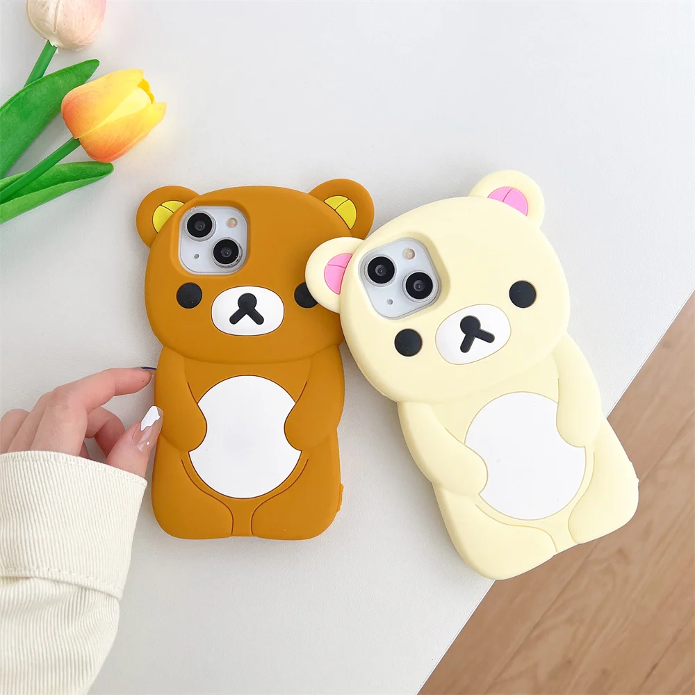 Cute Cartoon Rilakkuma Bear Silicone Soft Cover Case For iPhone 16 15 14 13 12 11 Pro Max mini Plus X Xs XR 6 7 8 Plus SE