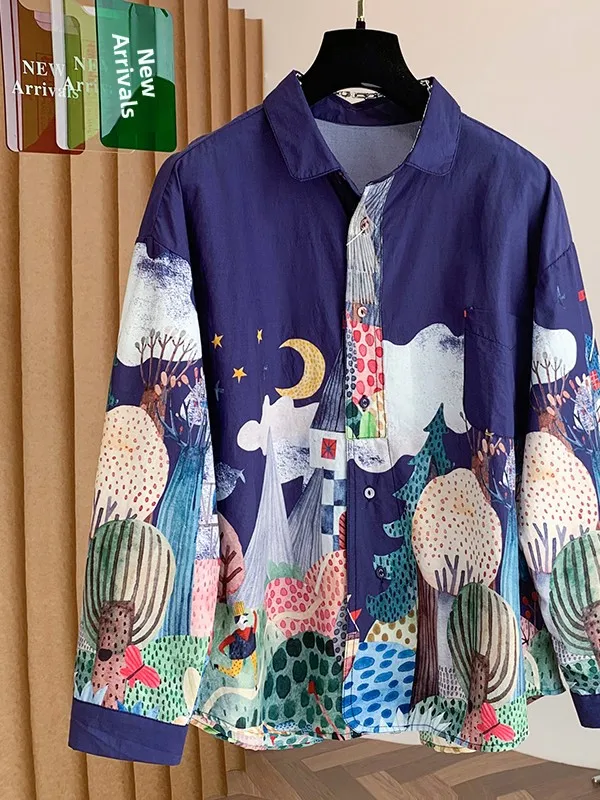 

Loose Long Sleeve Women's Shirt Korean Style Digital Printing Turn-down Collar Single Button Breathable Comfortable Spring Au...