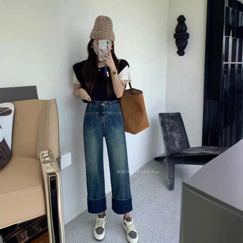 

Винтажные темно-синие женские джинсы прямого кроя с отворотами, осенние, с высокой талией, свободные, универсальные, укороченные, с подвернутым краем, повседневные, широкие штанины