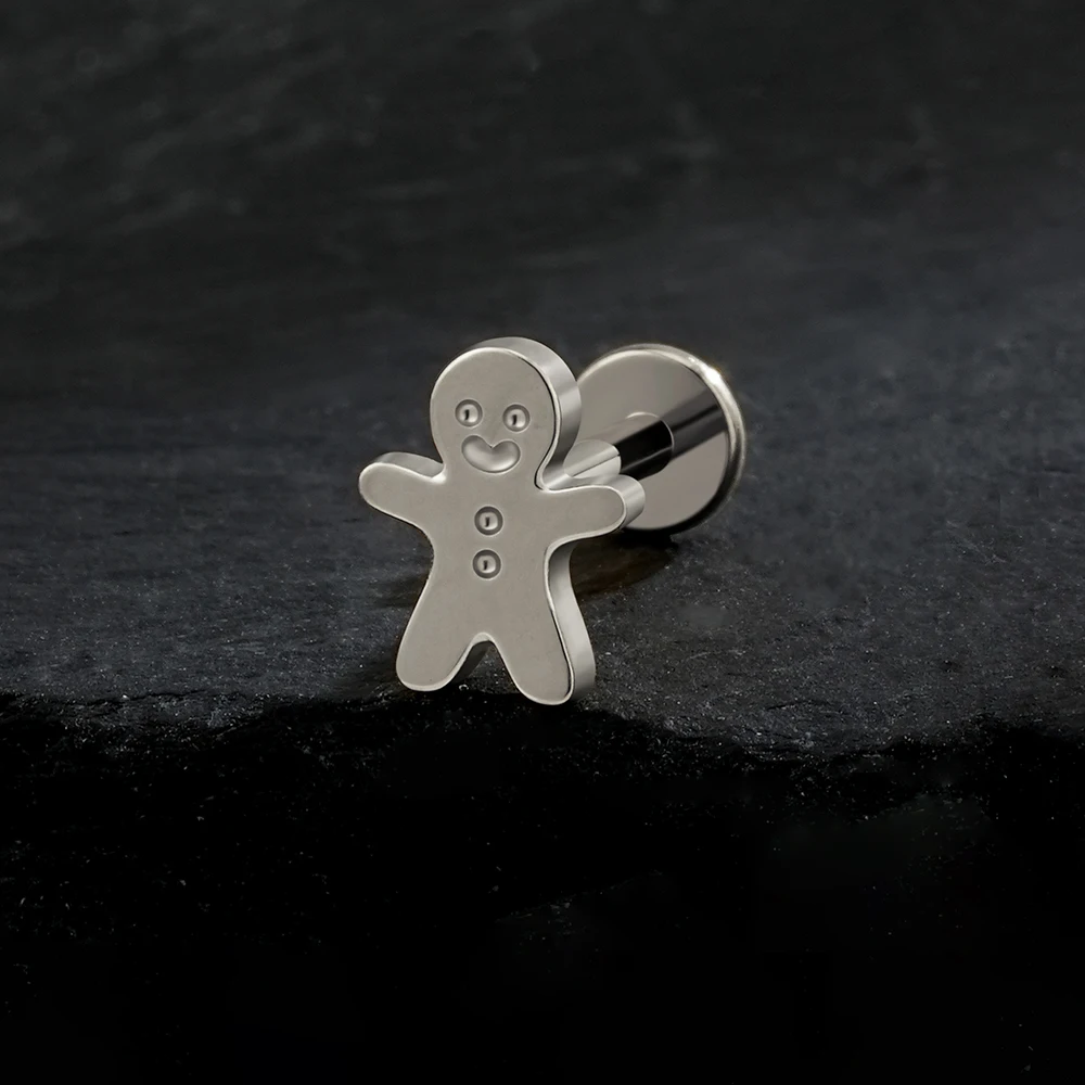 Right Grand ASTM F136 Titanium Cute Gingerbread Man Stud Earring 16G Snowman Cartilage Helix Tragus Flat Back Labret Stud Piercing Christmas Jewelry