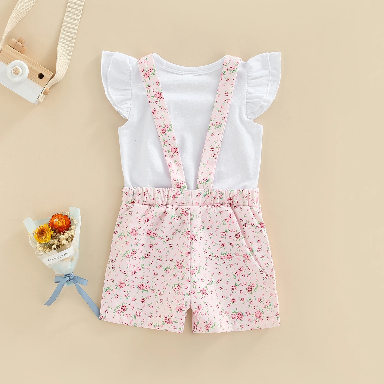 Kids Clothes Girls Summer Outfits Children Clothing Short Sleeve Round Neck Tops + Flowers Printed Suspender Short Pants Set