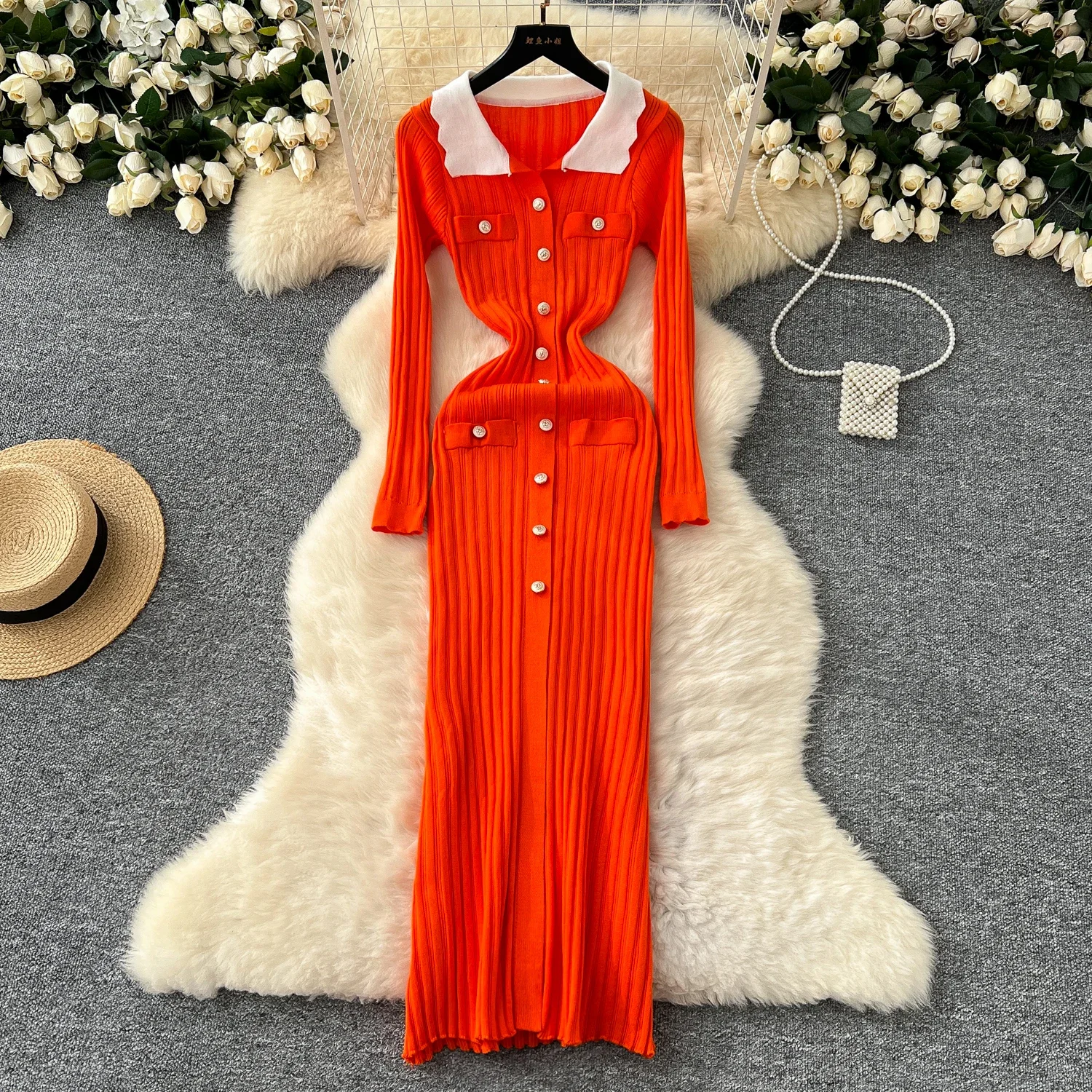 Elegant Turn-down Collar Long Sleeve Chic Metal Buckle Slim Vertical Striped Knitted Dresses Evening High Street Winter Clothing