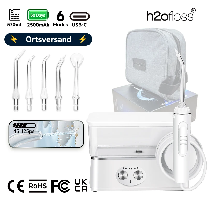 H2ofloss Munddusche Kabellos 570ml Großer Wassertank 6 Modi 45-125PSI Zahnwasserstrahl Aufladbar Oral Irrigator Mit Aufbewahrungstasche