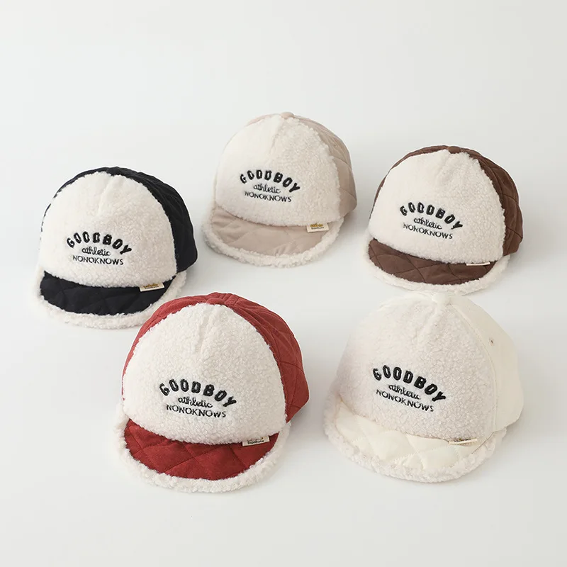 

2025 Autumn Winter Leisure Outdoor Boys Girls Baby Embroidery Baseball Cap New Lamb Velvet Warm Children's Soft-brimmed Cap