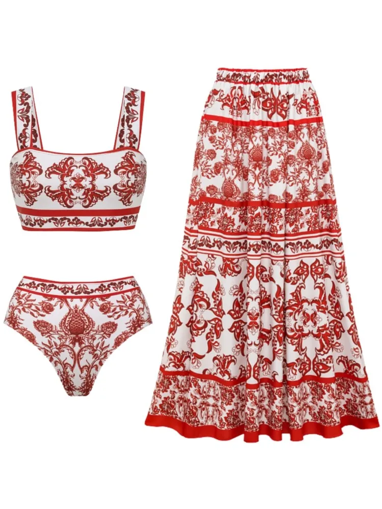 

Bikini Bodysuit Swimwear Women With Skirt Bathing Suit Summer New Ruffle Splice Print Beachwear Holiday Bikini Cover Ups Outfits