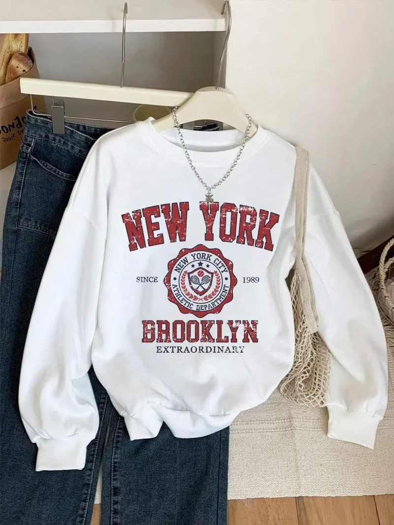 

New York Brooklyn Letter Prints Woman Sweatshirts Casual Crewneck Pullovers Fashion Oversize Hoodies Fleece Warm Female Clothes