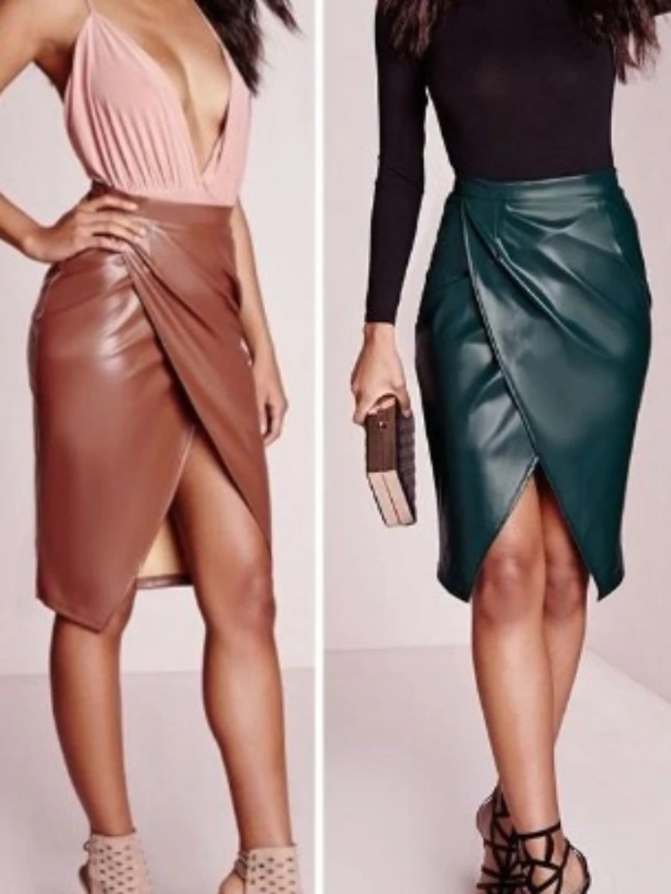 PU Imitation Leather Split Midi Skirt Women High-waist Fittness Hip Slim Skirts Office Lady Vintage Bodycon Skirt Club Party