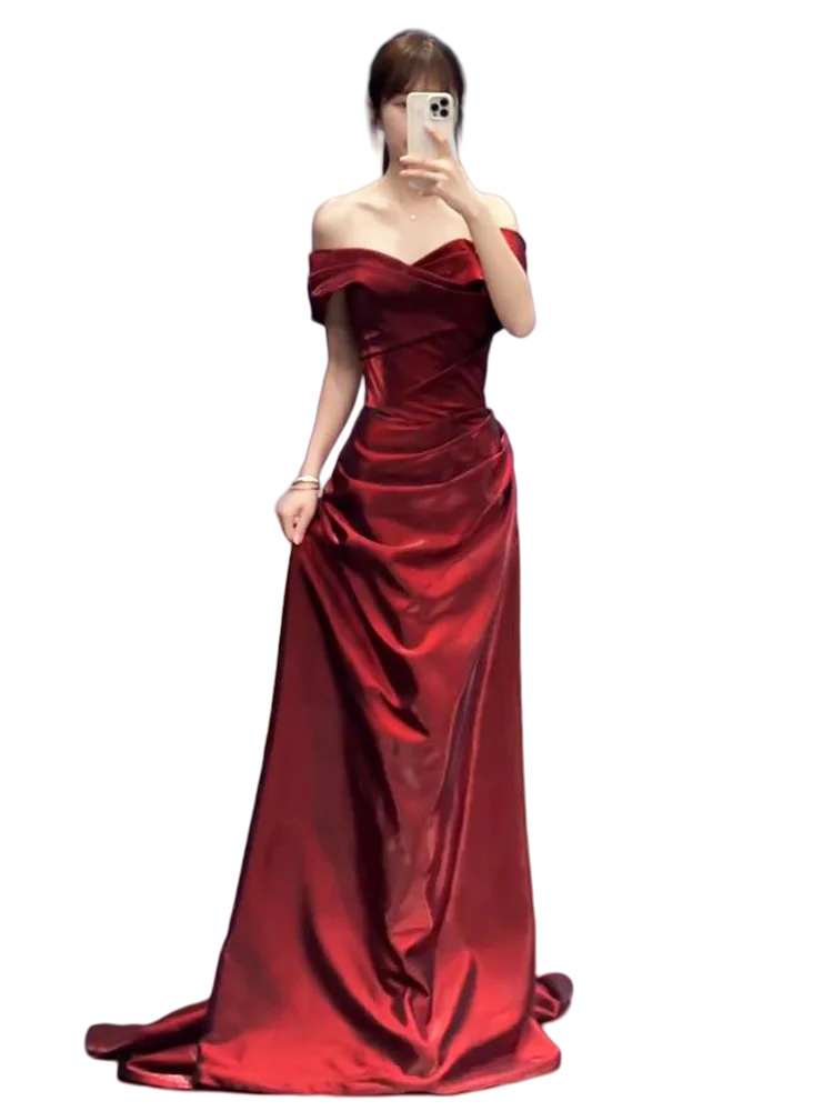 

Red Wine Color Wedding Dr Satin Fabric One oulder Long A-Line Skirt Evening Gown for Wedding Performance Thank You New B...