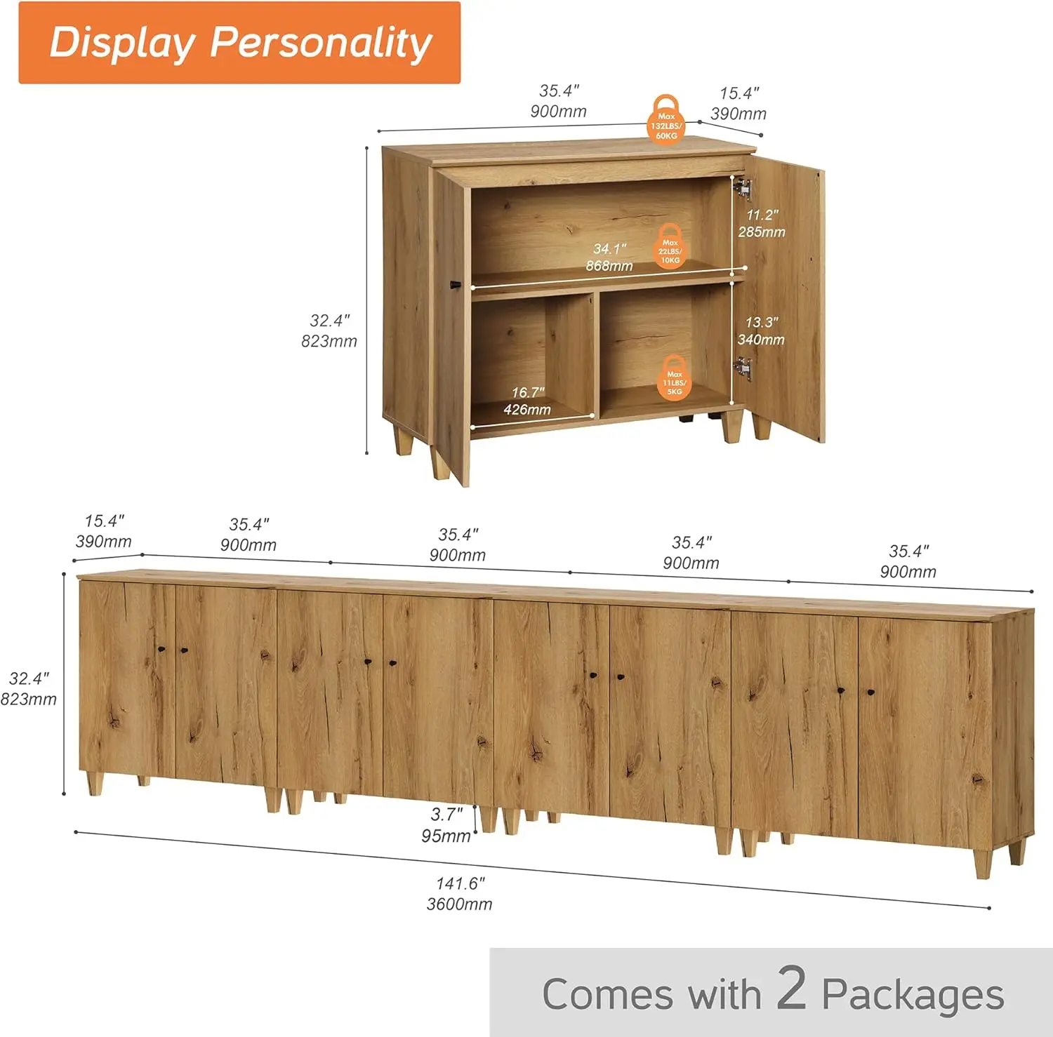 Sideboards Buffet Cabinets with Doors, 4-in-1 Extra Wide Kitchen Wood 141.6