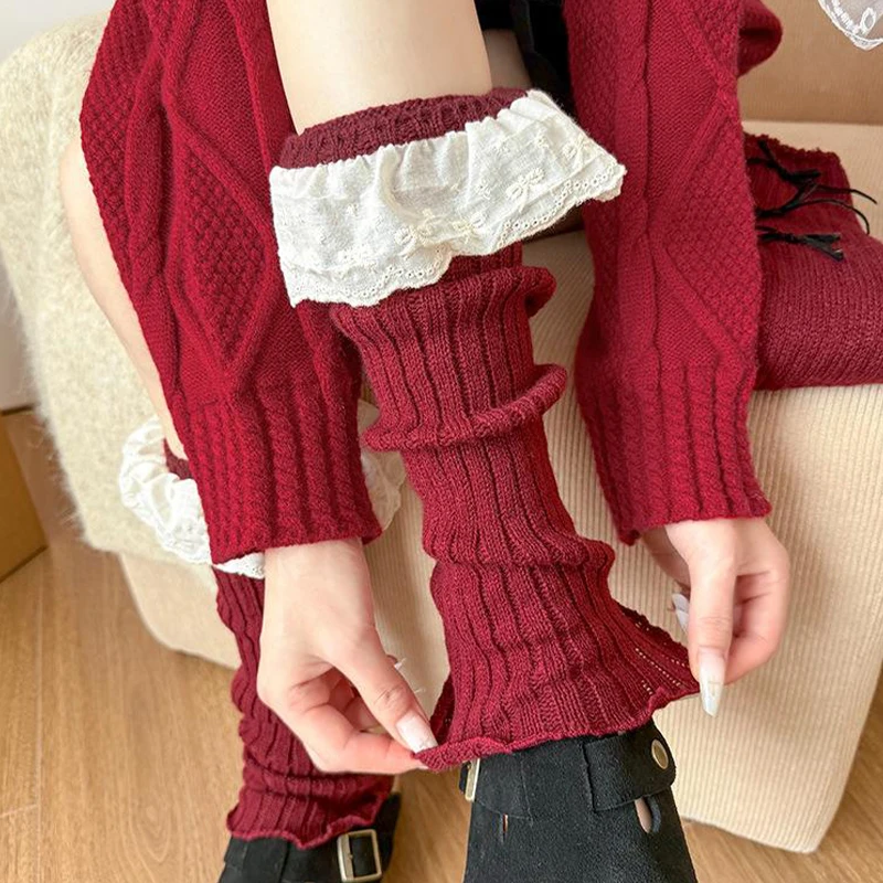 Autumn And Winter Anchor Red Leg Sets Lolita Korean Lace New Year Christmas Red Ballet Style Jk Calf Socks